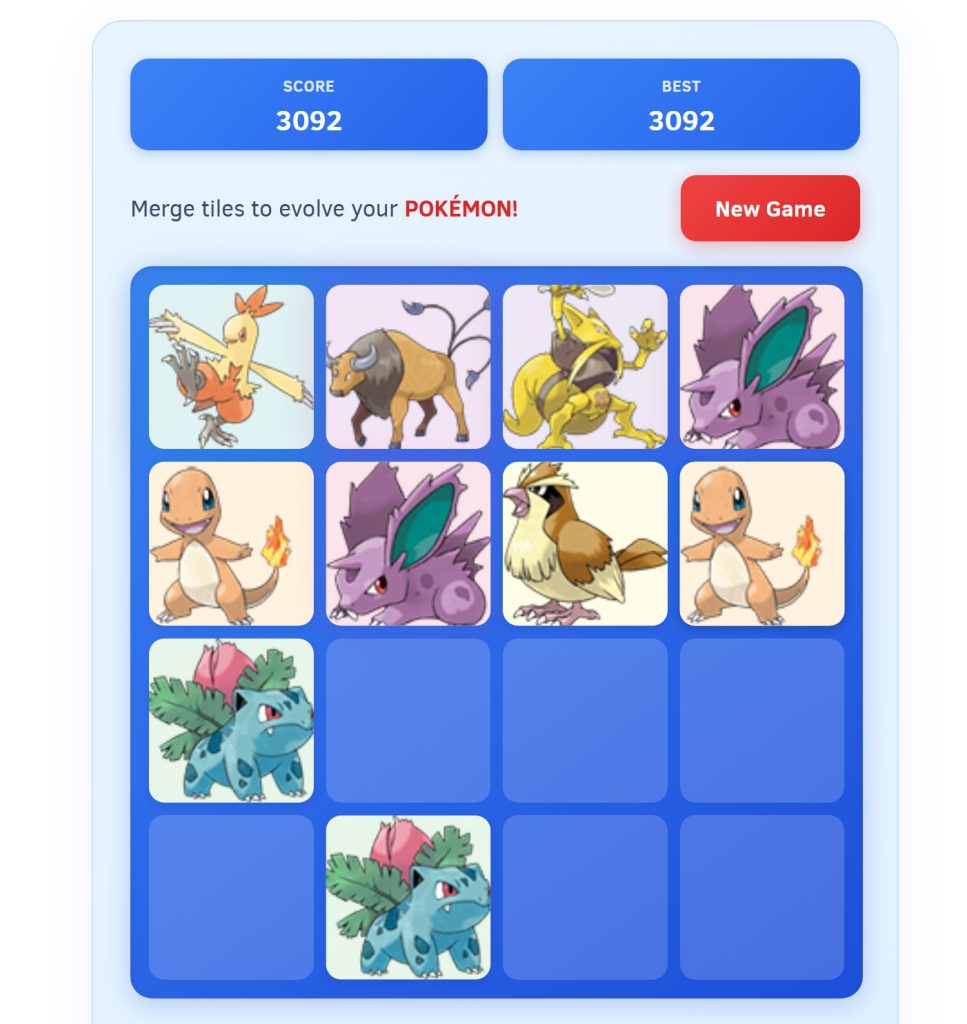 Gameplay grid of Pokémon 2048 showing various character sprites evolving towards Mewtwo