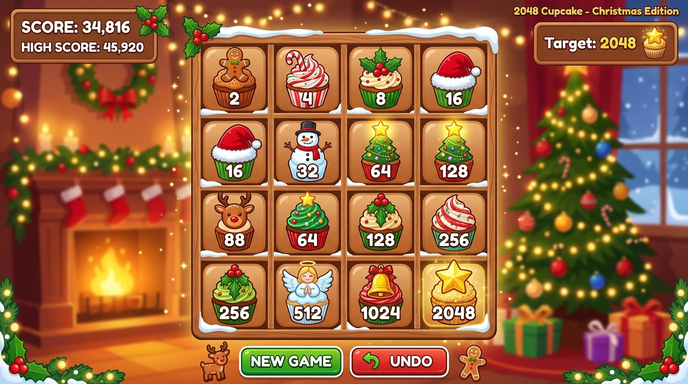 Christmas Cupcake 2048 game board with festive cupcake tiles