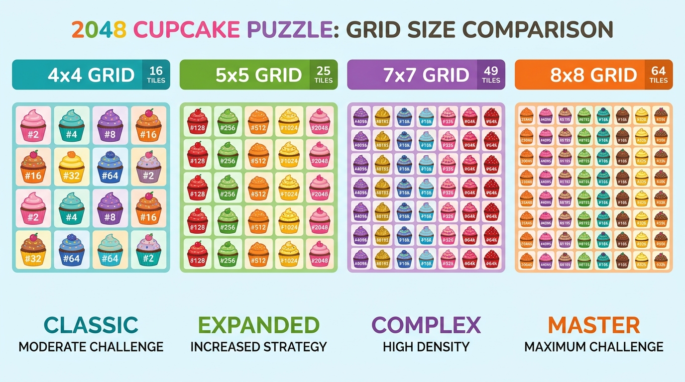 2048 Cupcakes grid sizes comparison showing 5x5 6x6 7x7 8x8 boards
