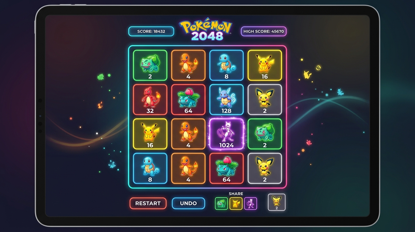2048 Pokemon game board UI with Pikachu and Bulbasaur tiles