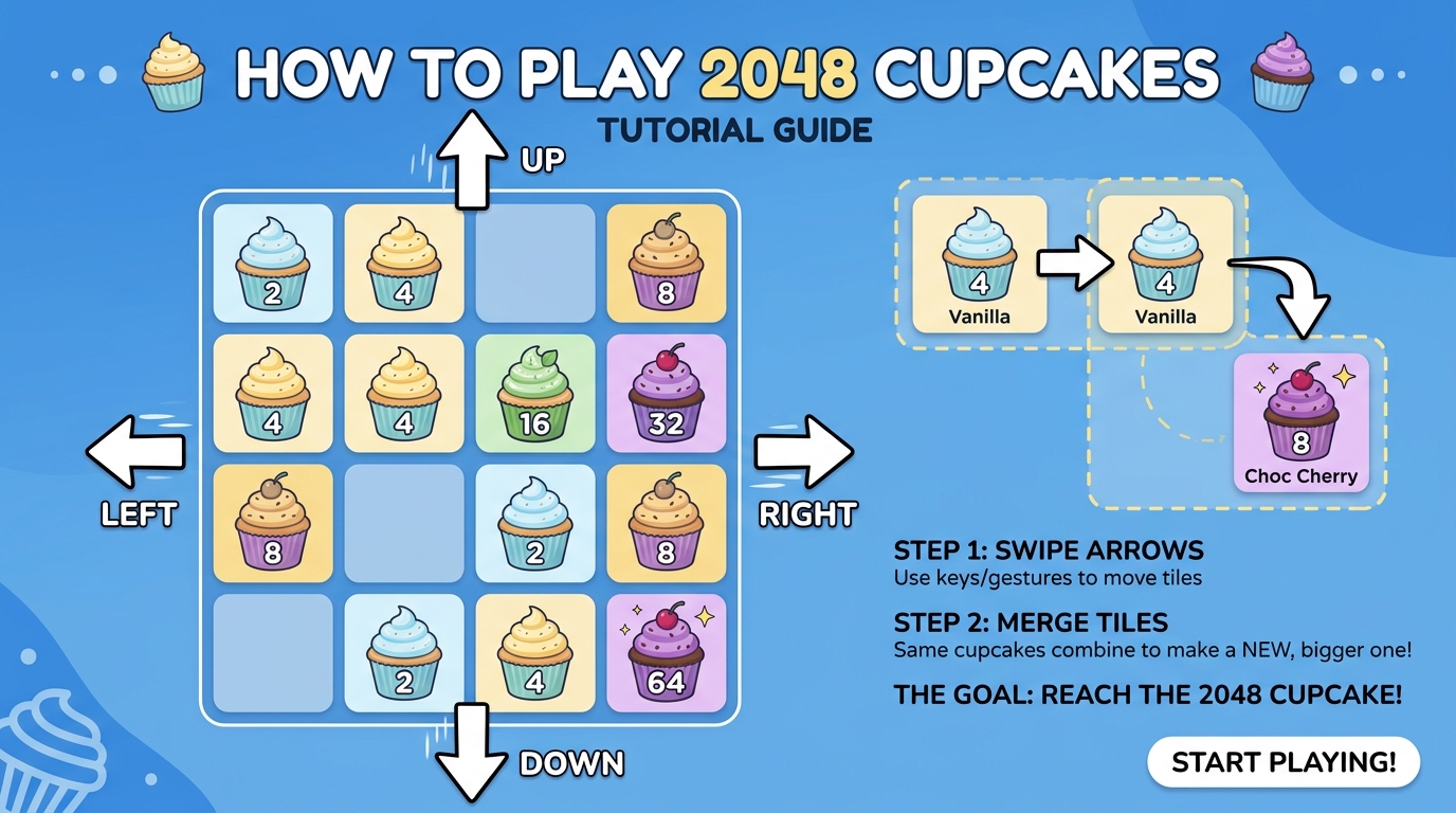 How to play Cupcake 2048 tutorial diagram showing arrow keys and merging rules