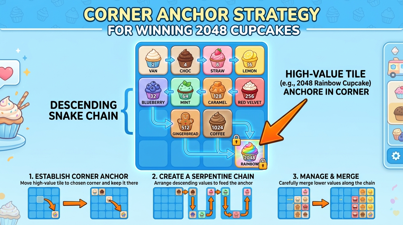 How to win 2048 Cupcakes corner anchor strategy diagram